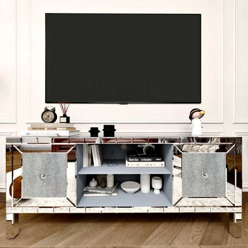 60' Mirrored TV Stand with Crushed Diamond Glass Doors - Modern Media